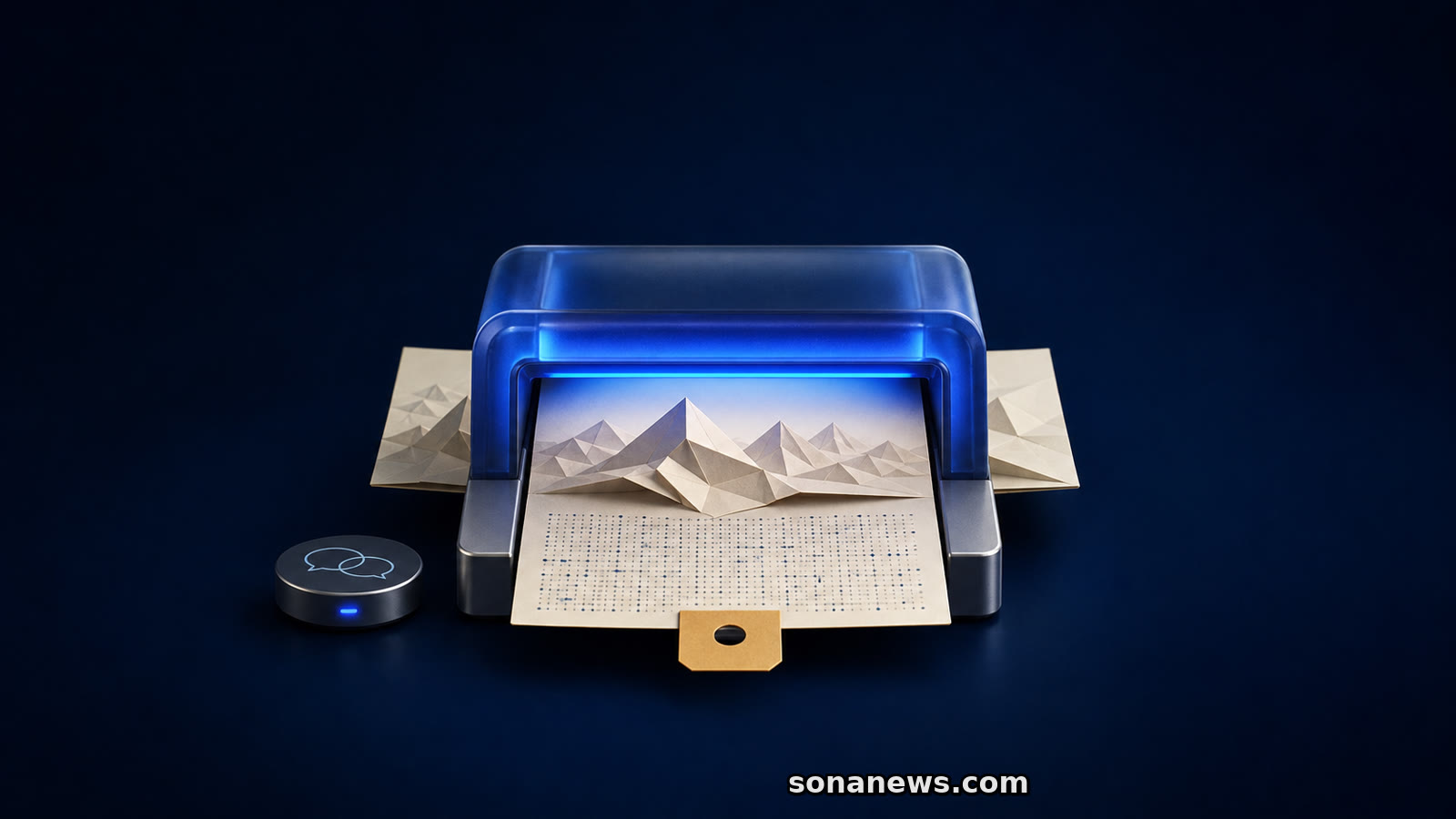 Scanner blu applica una trama digitale e un cartellino ambrato a un paesaggio di carta generato dall’intelligenza artificiale.