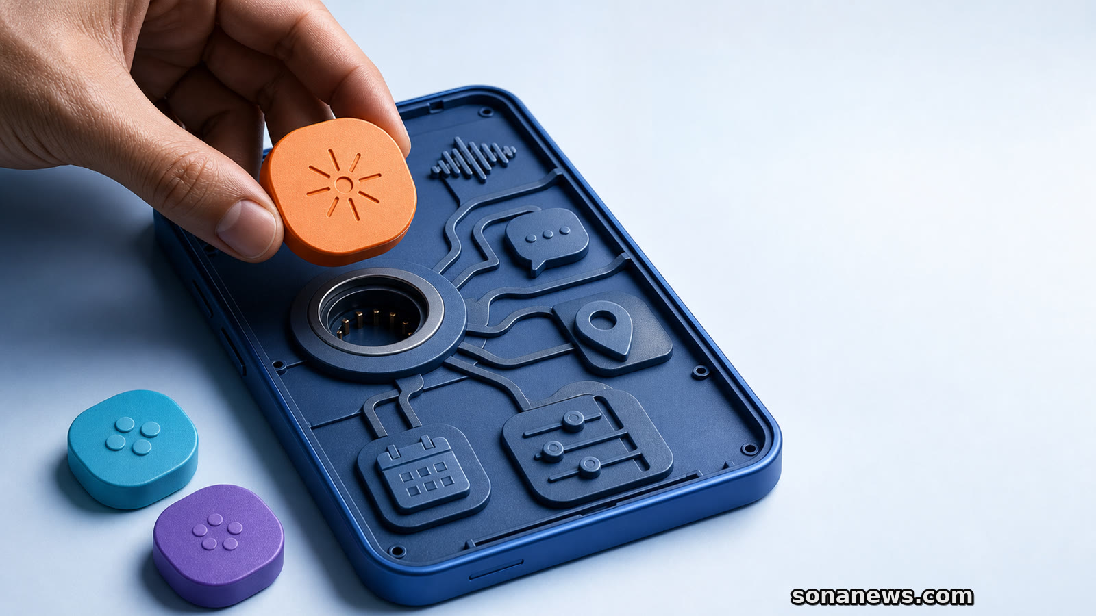 Mano che sceglie un modulo di assistente IA da inserire nel nucleo aperto di un telefono Android concettuale.