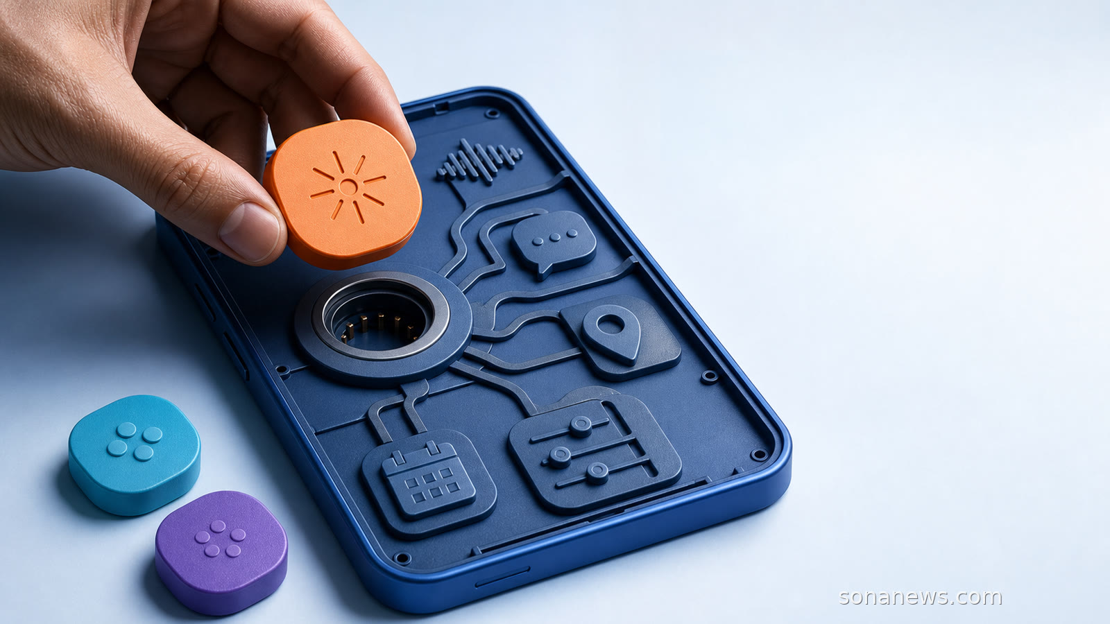Mano che sceglie un modulo di assistente IA da inserire nel nucleo aperto di un telefono Android concettuale.