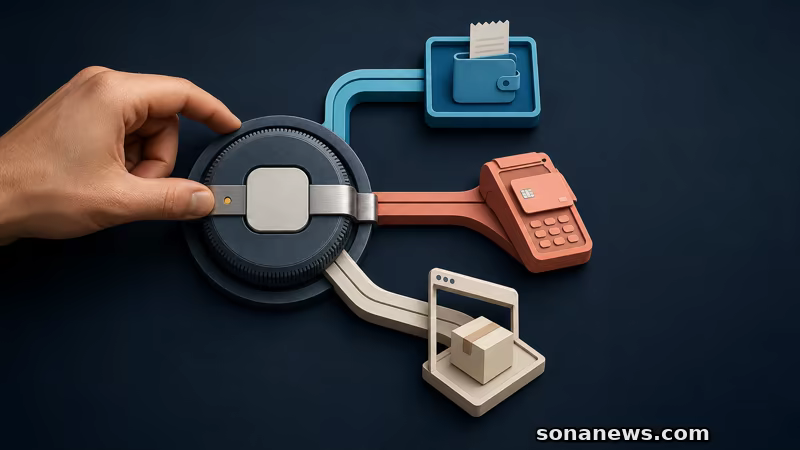 Una mano blocca un selettore che divide l’acquisto in-app fra pagamento integrato, processore alternativo e checkout web.