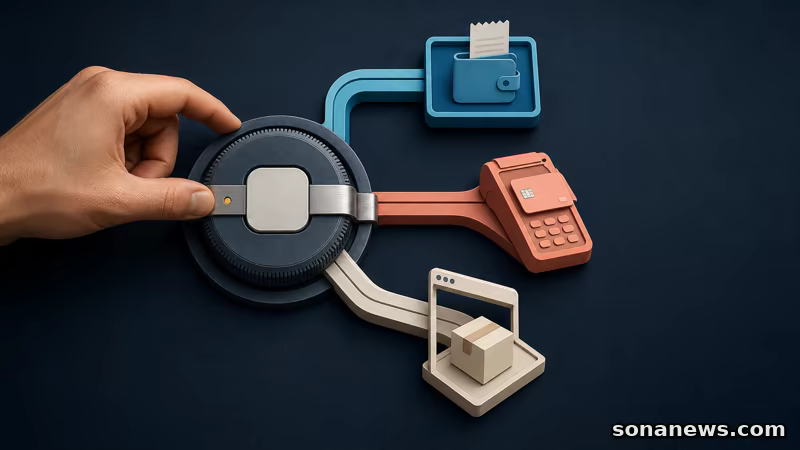 Una mano blocca un selettore che divide l’acquisto in-app fra pagamento integrato, processore alternativo e checkout web.