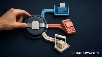 Una mano blocca un selettore che divide l’acquisto in-app fra pagamento integrato, processore alternativo e checkout web.