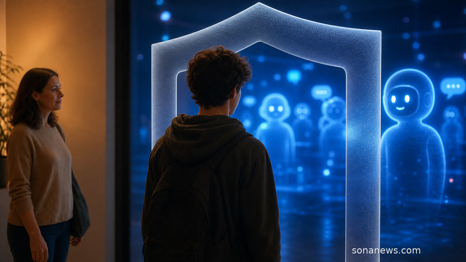 Adolescente davanti a una soglia luminosa con scudo privacy e personaggi virtuali, simbolo del controllo dell’età nei chatbot IA.