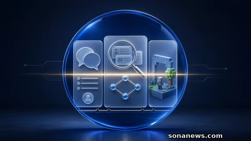 Tre schede per discussioni, ricerca con IA e giochi attraversano una lente di controllo digitale.
