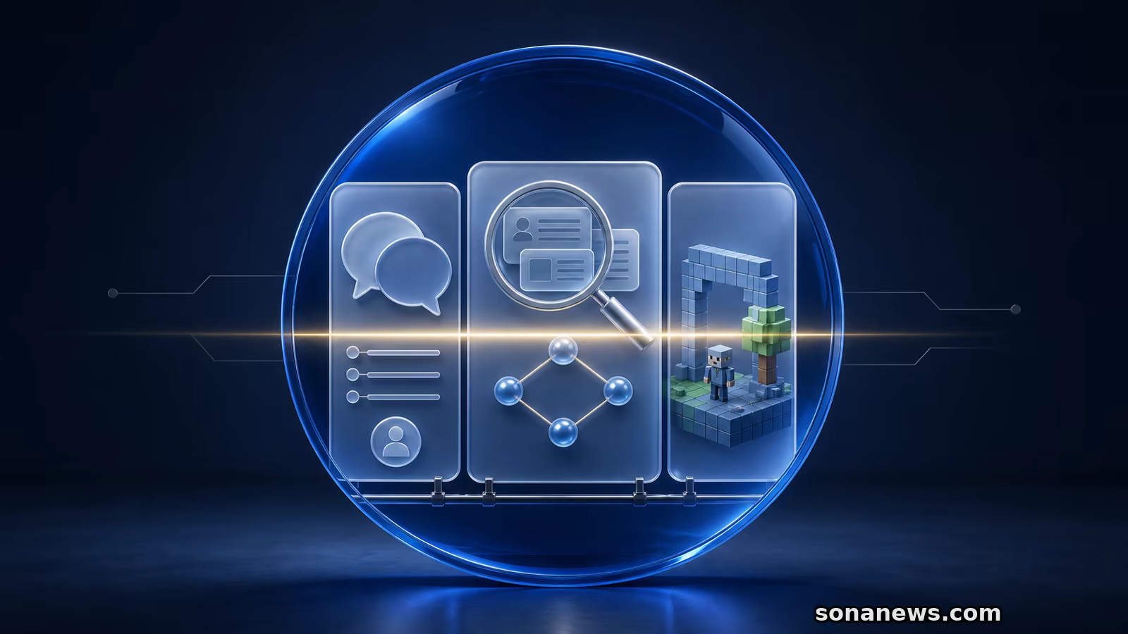 Tre schede per discussioni, ricerca con IA e giochi attraversano una lente di controllo digitale.