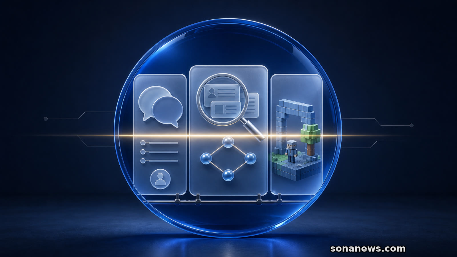 Tre schede per discussioni, ricerca con IA e giochi attraversano una lente di controllo digitale.