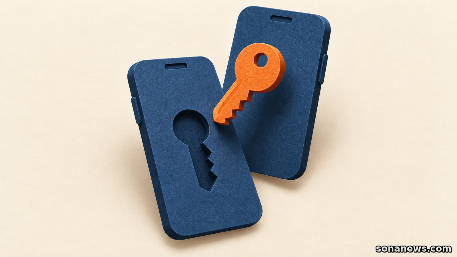 Due sagome di telefoni e una chiave arancione sospesa illustrano il controllo delle passkey prima di cambiare dispositivo.