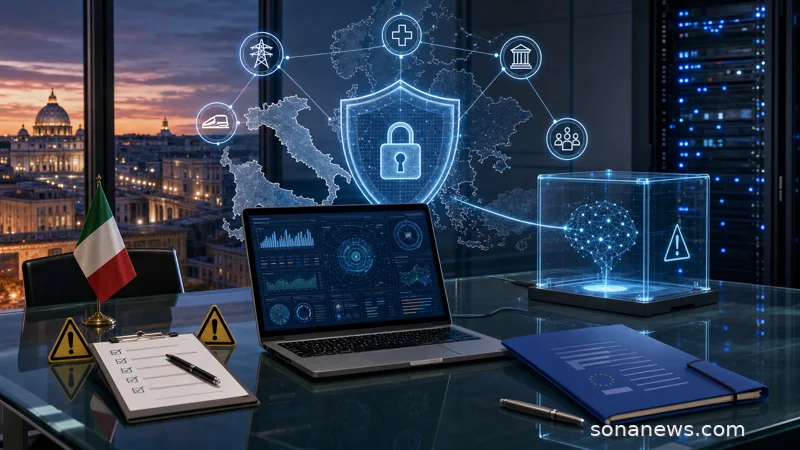 Laboratorio italiano di cybersicurezza con laptop di test IA, mappa digitale di Italia ed Europa, server, scudo virtuale e icone di energia, trasporti, sanità, finanza e pubblica amministrazione.