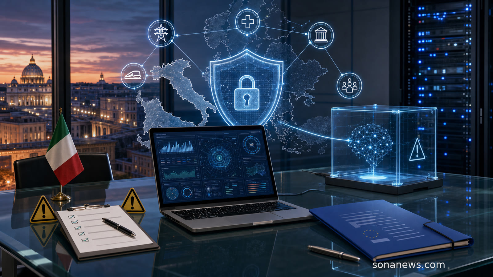 Laboratorio italiano di cybersicurezza con laptop di test IA, mappa digitale di Italia ed Europa, server, scudo virtuale e icone di energia, trasporti, sanità, finanza e pubblica amministrazione.