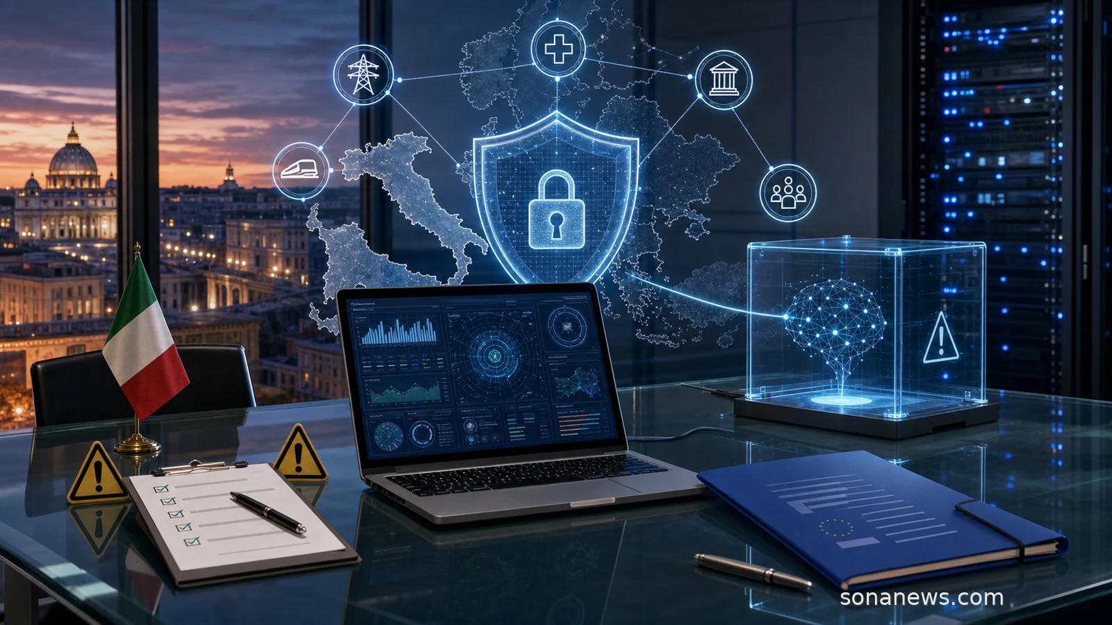 Laboratorio italiano di cybersicurezza con laptop di test IA, mappa digitale di Italia ed Europa, server, scudo virtuale e icone di energia, trasporti, sanità, finanza e pubblica amministrazione.