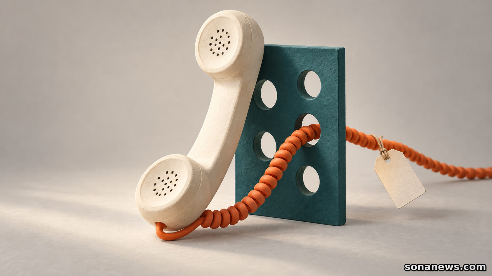 Cornetta telefonica davanti a una barriera perforata attraversata da un cavo arancione, metafora del filtro anti-spoofing e dei suoi limiti.