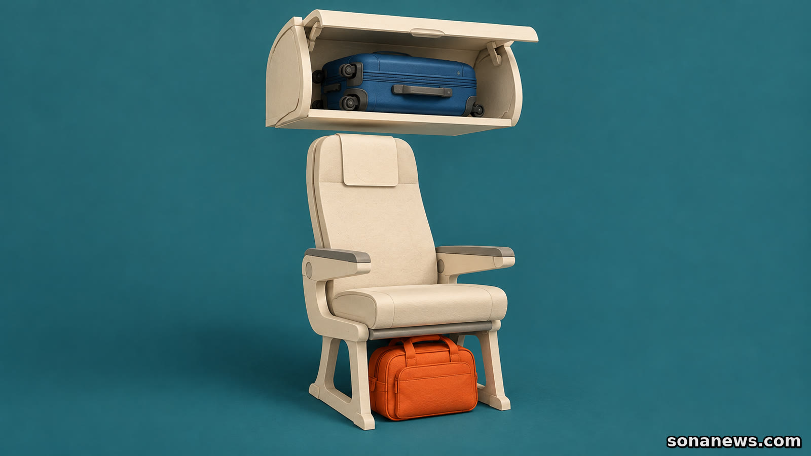 Una piccola borsa arancione sotto un sedile aereo e un trolley blu nella cappelliera illustrano la distinzione tra bagagli nella riforma UE.