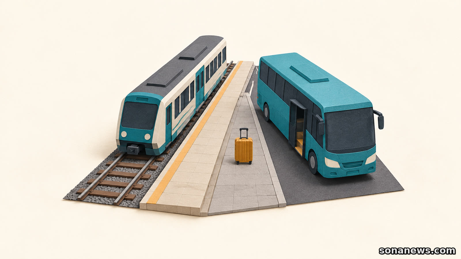 Un trolley tra una banchina ferroviaria e la porta di un autobus illustra il trasferimento alla fermata dei bus sostitutivi.