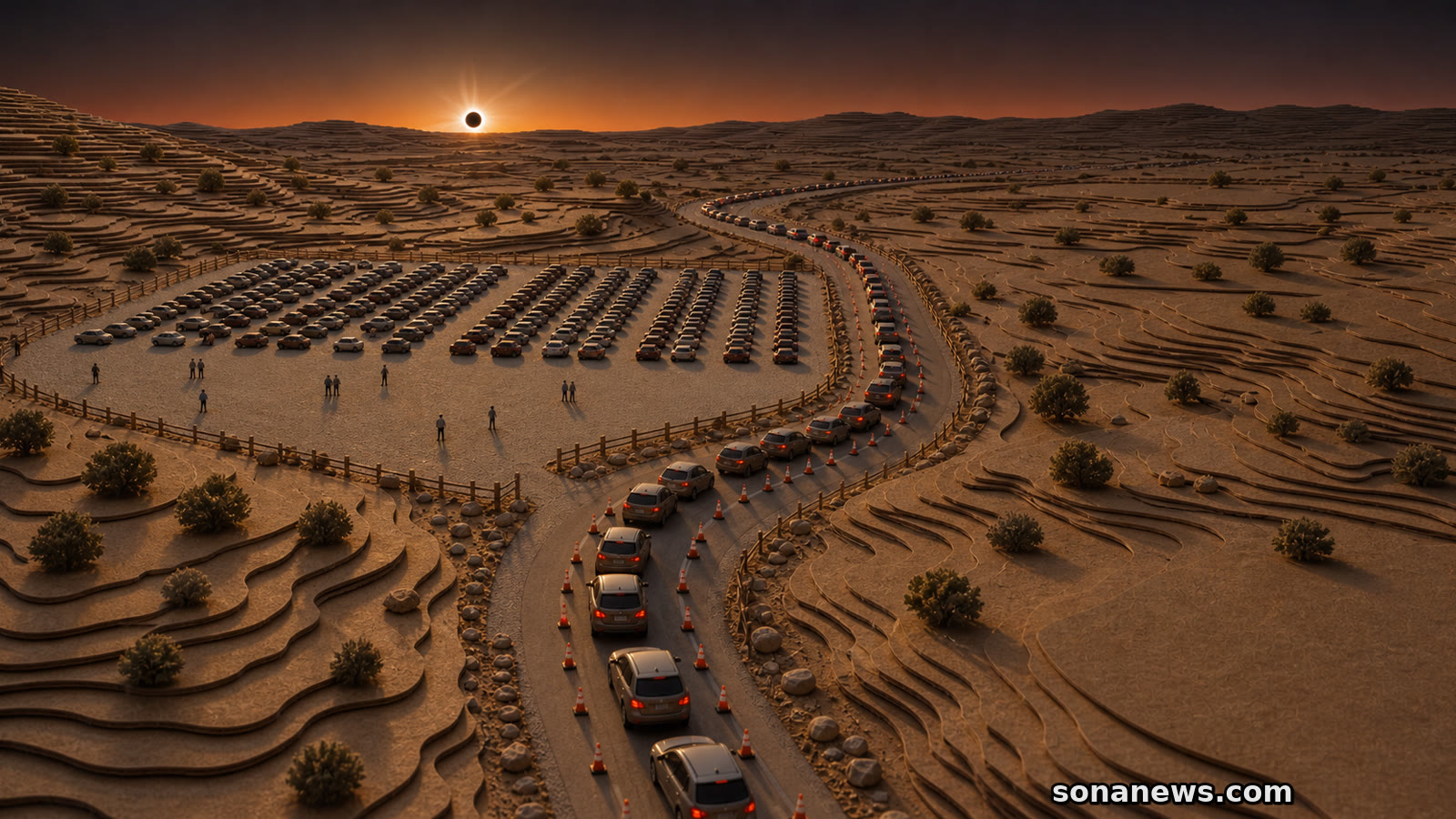 Modello editoriale del traffico in uscita da un parcheggio durante l’eclissi totale in Spagna.