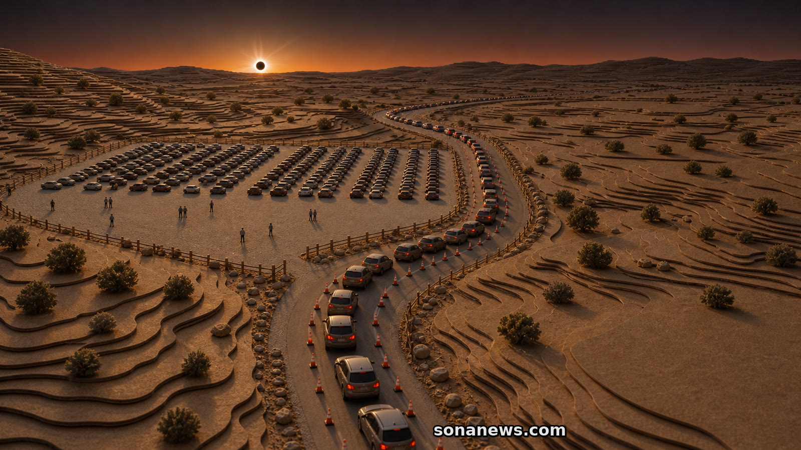 Modello editoriale del traffico in uscita da un parcheggio durante l’eclissi totale in Spagna.