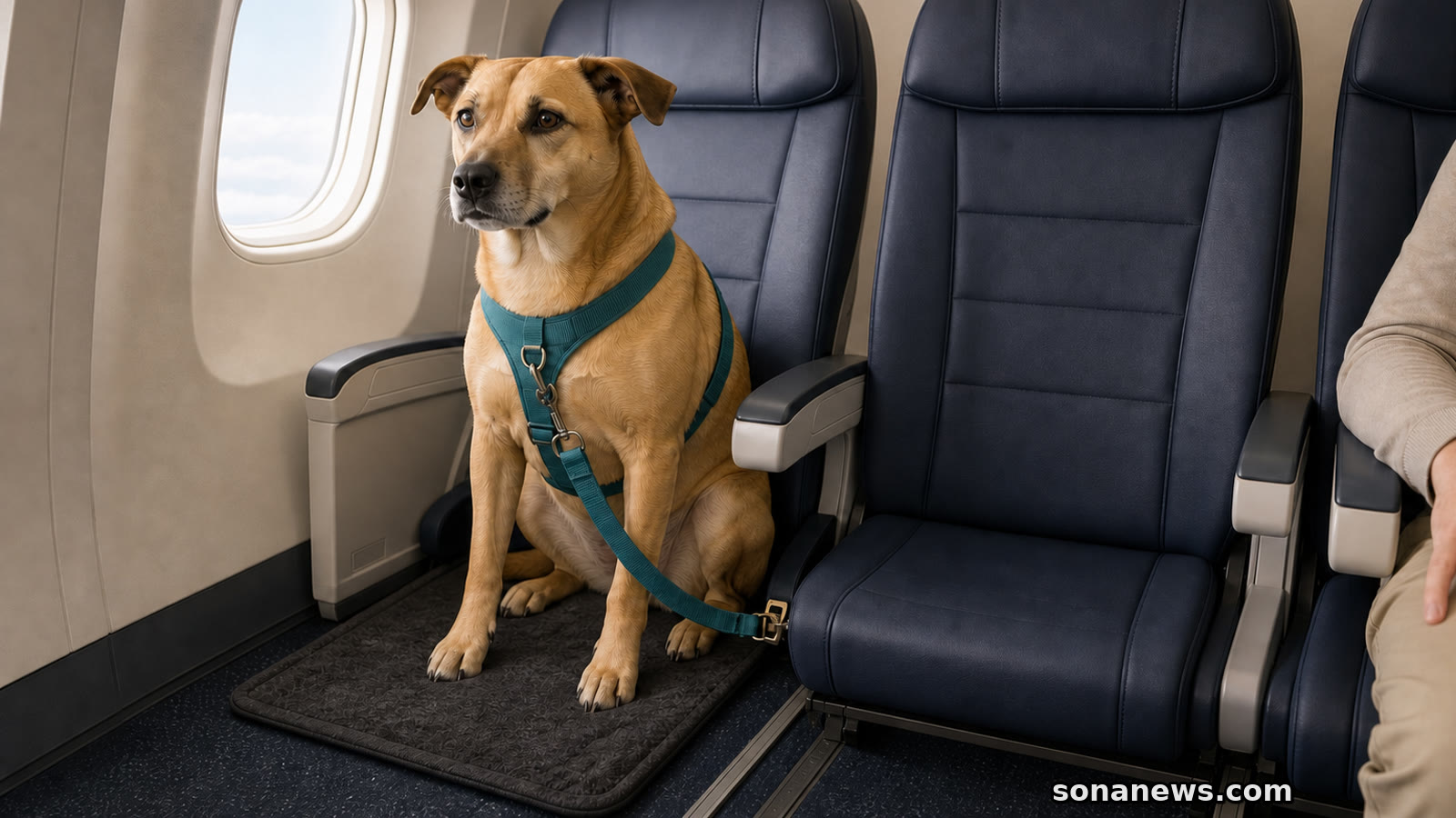 Cane di taglia medio-grande con pettorina nella fila di un aereo, accanto a un sedile vuoto e al proprietario.
