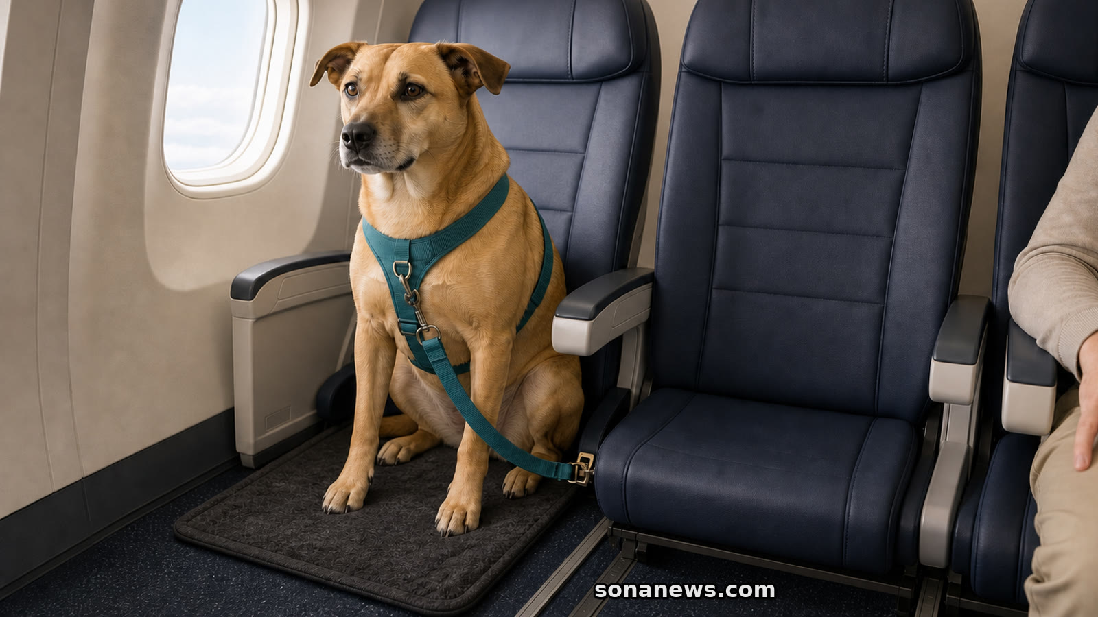 Cane di taglia medio-grande con pettorina nella fila di un aereo, accanto a un sedile vuoto e al proprietario.