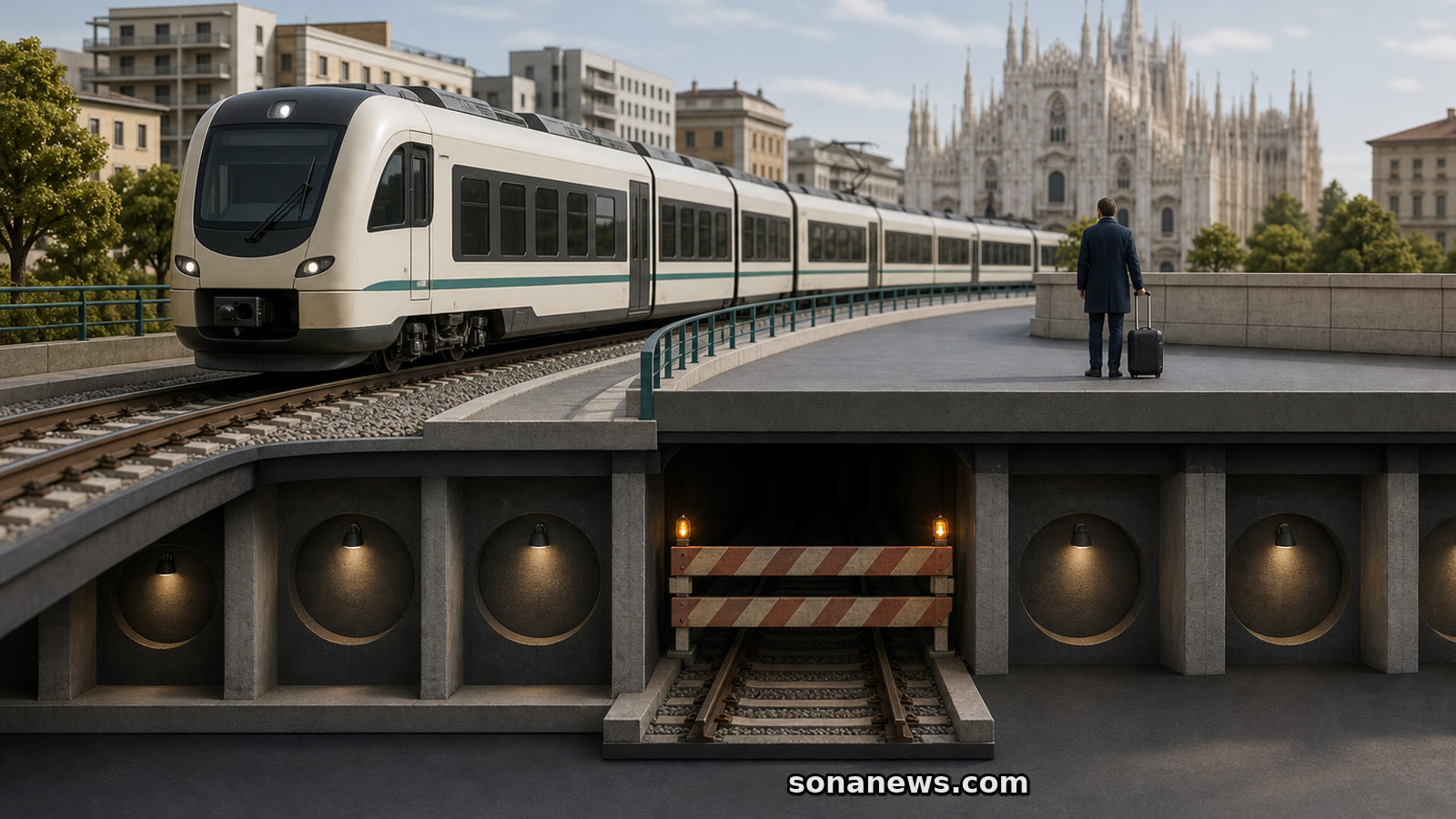 Treno suburbano devia in superficie sopra un modello del Passante di Milano chiuso per manutenzione, con viaggiatore e Duomo sullo sfondo.