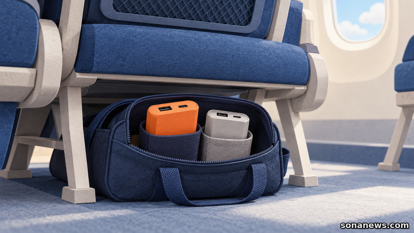 Due power bank in custodie separate dentro una borsa sotto un sedile d’aereo, in un’illustrazione delle regole di trasporto in cabina.