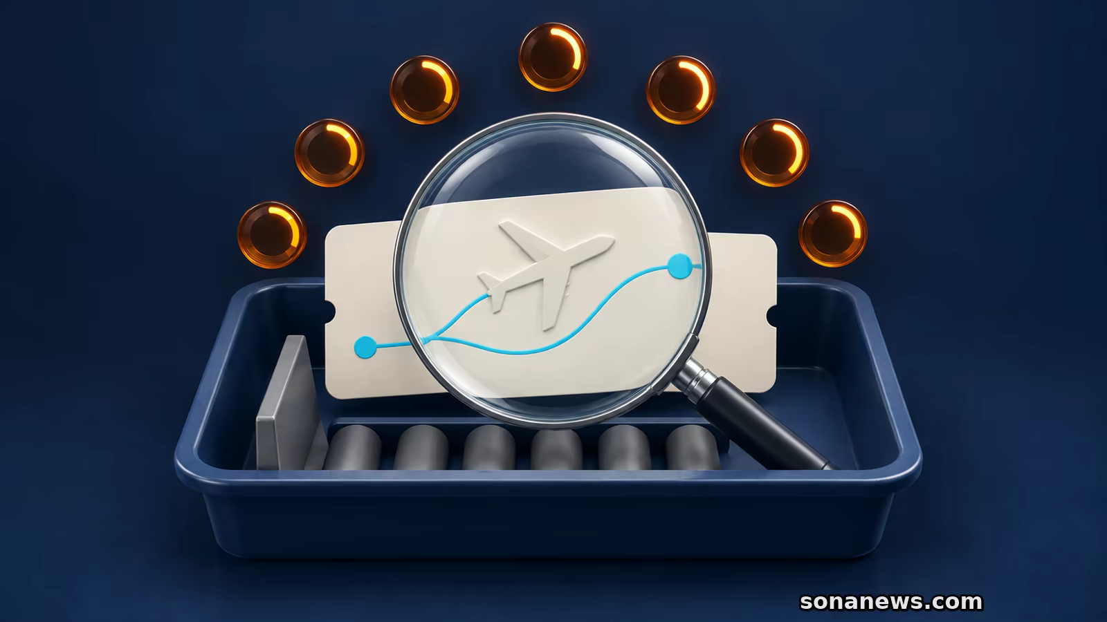 Una lente ingrandisce un aereo su una carta neutra, circondata da sette indicatori ambra per gli scioperi del 13 settembre.