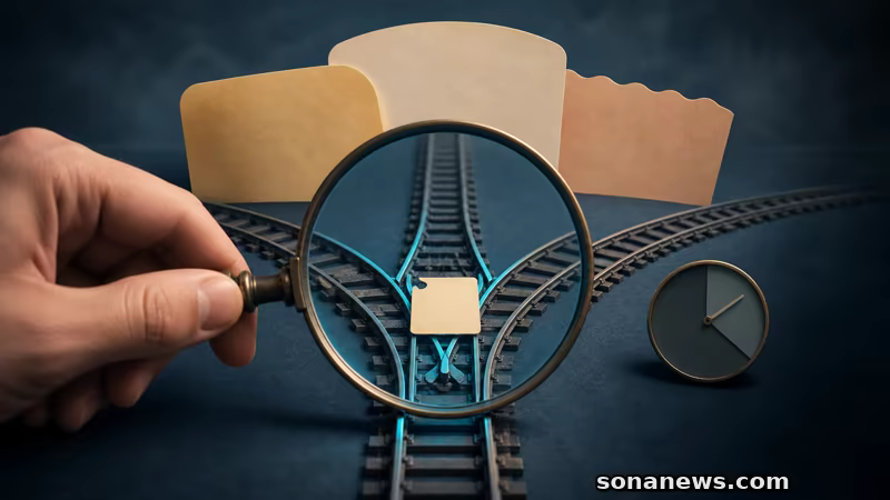 Una lente isola un biglietto senza testo su uno scambio, davanti a tre schede che rappresentano gli scioperi ferroviari annunciati.