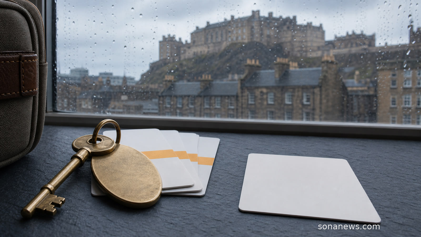 Chiave di guest house su tessere-notte separate, con il castello di Edimburgo oltre una finestra bagnata dalla pioggia.