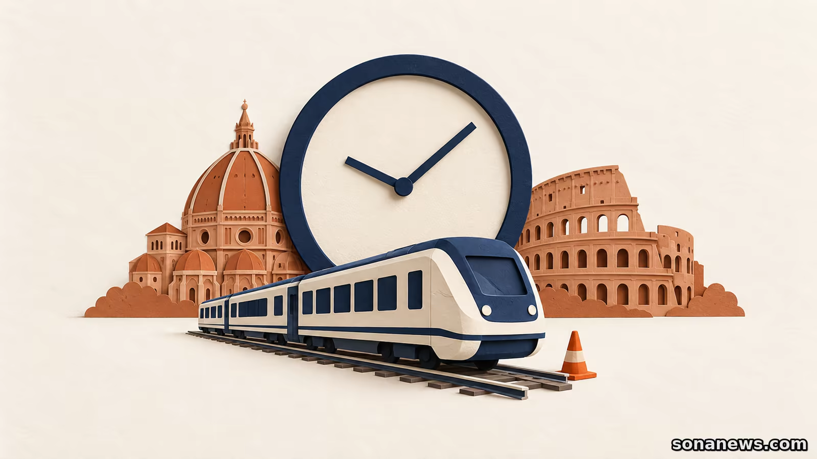 Un treno illustrato passa davanti a un orologio, fra richiami a Firenze e Roma e un cono, per rappresentare gli orari modificati dai lavori.