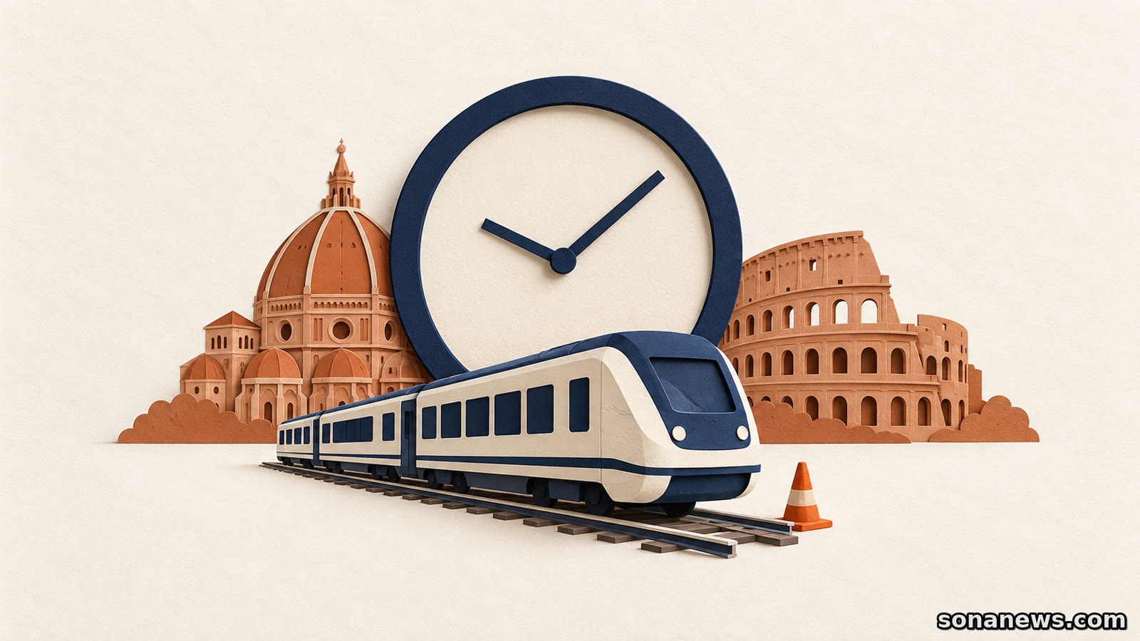 Un treno illustrato passa davanti a un orologio, fra richiami a Firenze e Roma e un cono, per rappresentare gli orari modificati dai lavori.