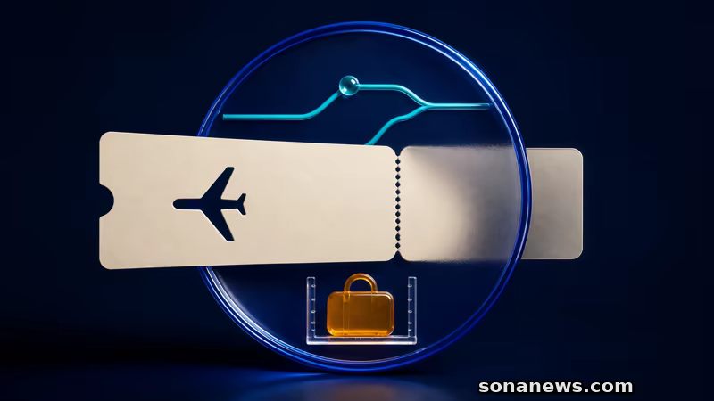 Una carta d’imbarco attraversa un quadrante blu, con una rotta deviata e una borsa in misurazione per i nuovi diritti aerei UE.