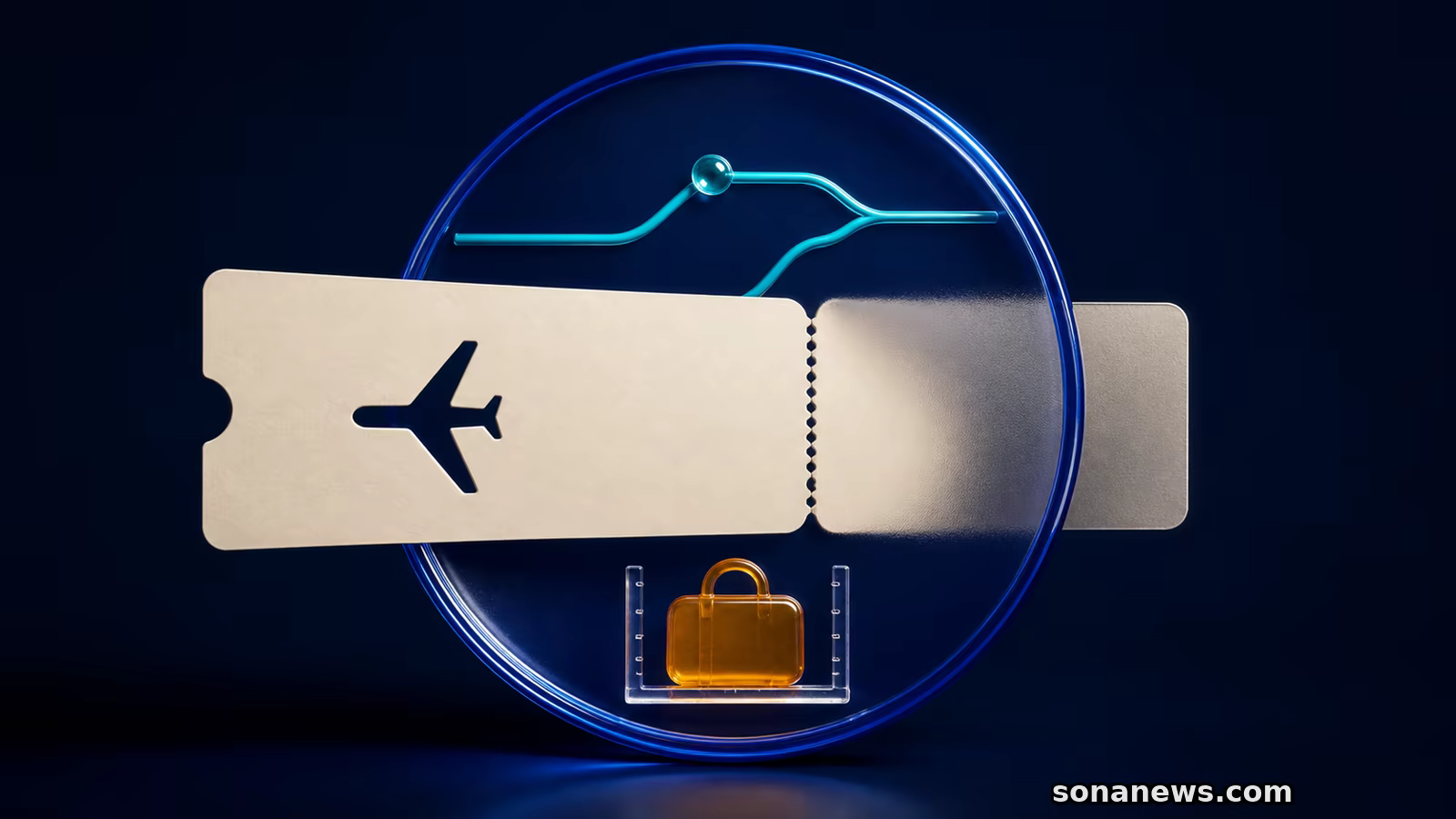 Una carta d’imbarco attraversa un quadrante blu, con una rotta deviata e una borsa in misurazione per i nuovi diritti aerei UE.