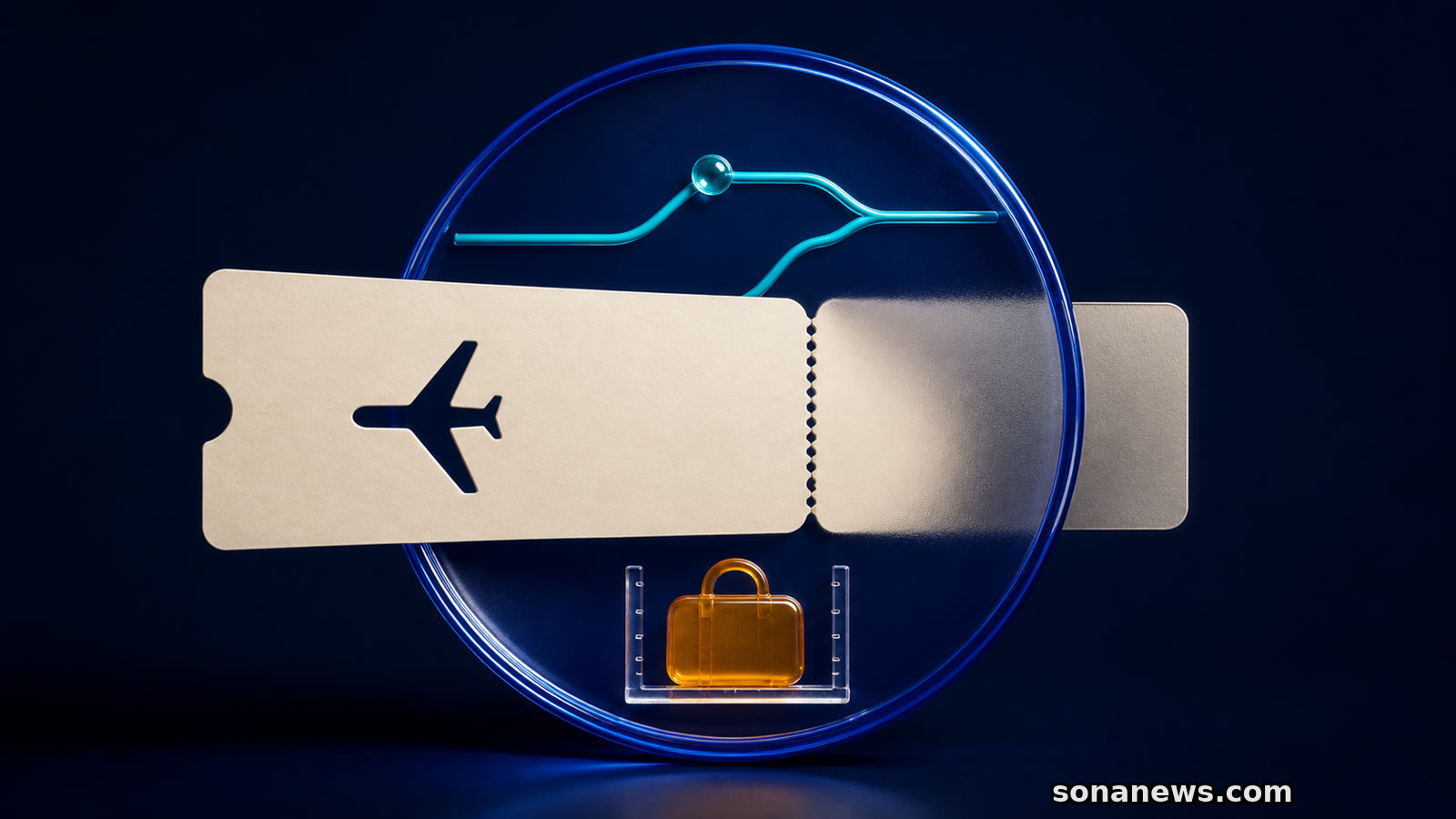 Una carta d’imbarco attraversa un quadrante blu, con una rotta deviata e una borsa in misurazione per i nuovi diritti aerei UE.