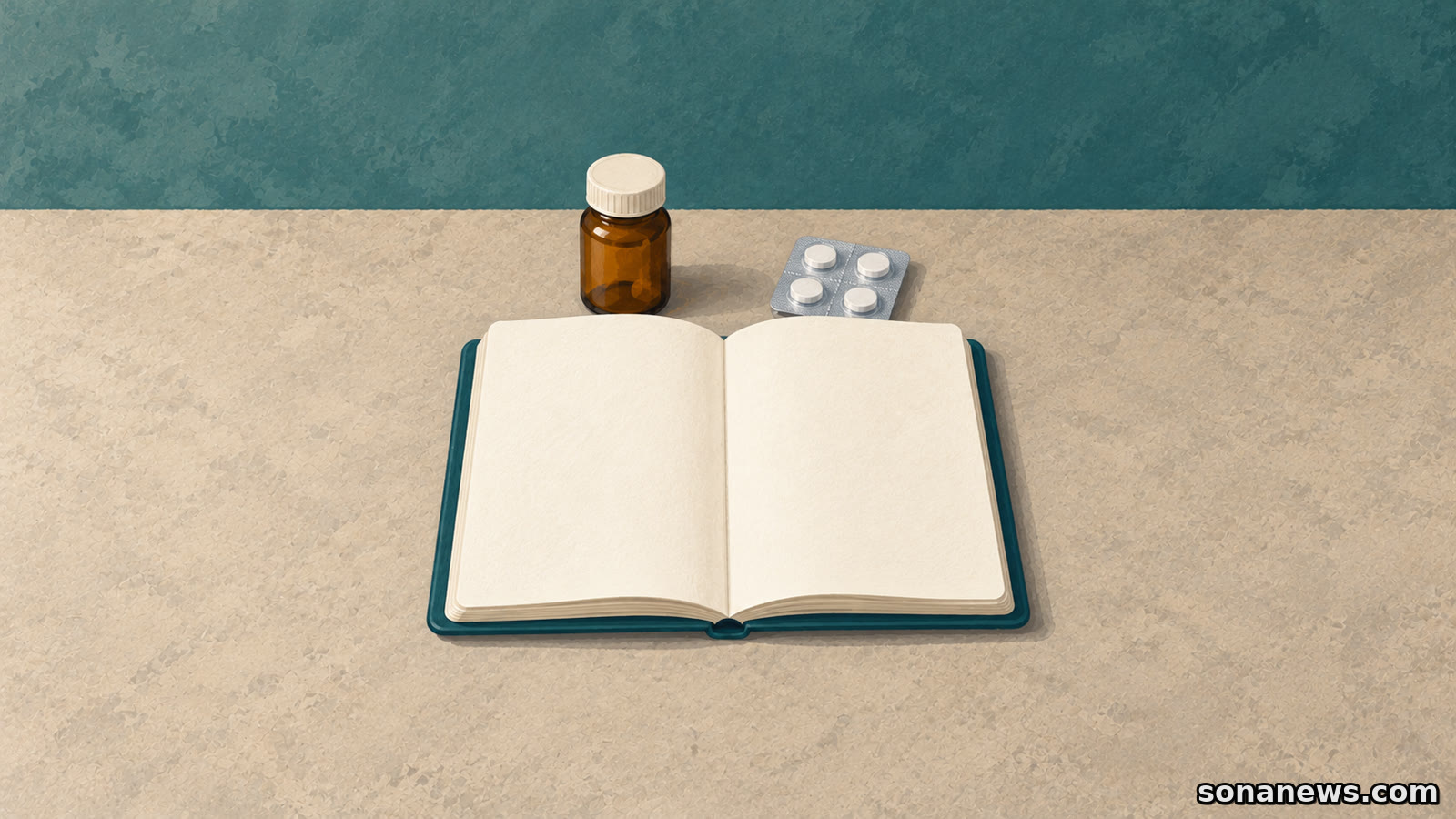 お薬手帳の見直しを表す、開いた青緑色の手帳の横に未開封の錠剤シートと茶色いボトルをまとめたイラスト