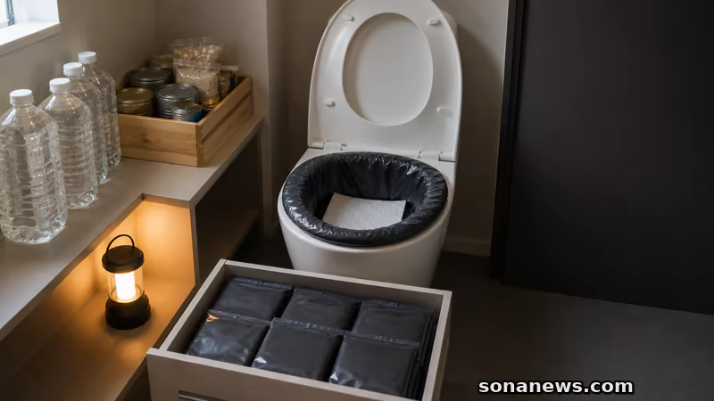 携帯トイレの袋を備えた便器と水・食品を並べた家庭防災の概念写真