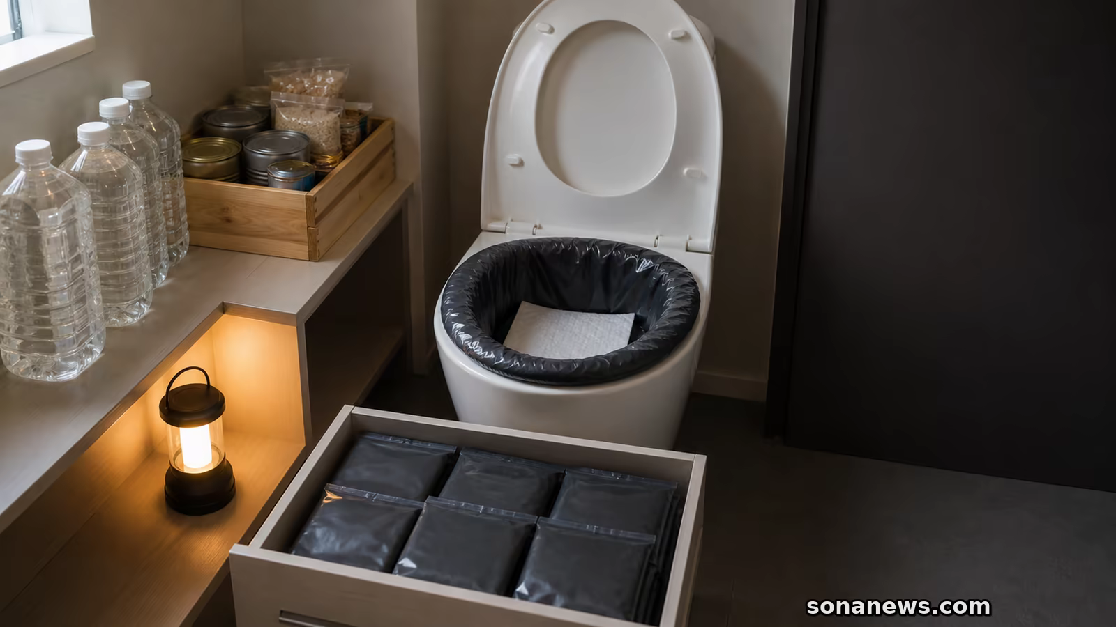 携帯トイレの袋を備えた便器と水・食品を並べた家庭防災の概念写真