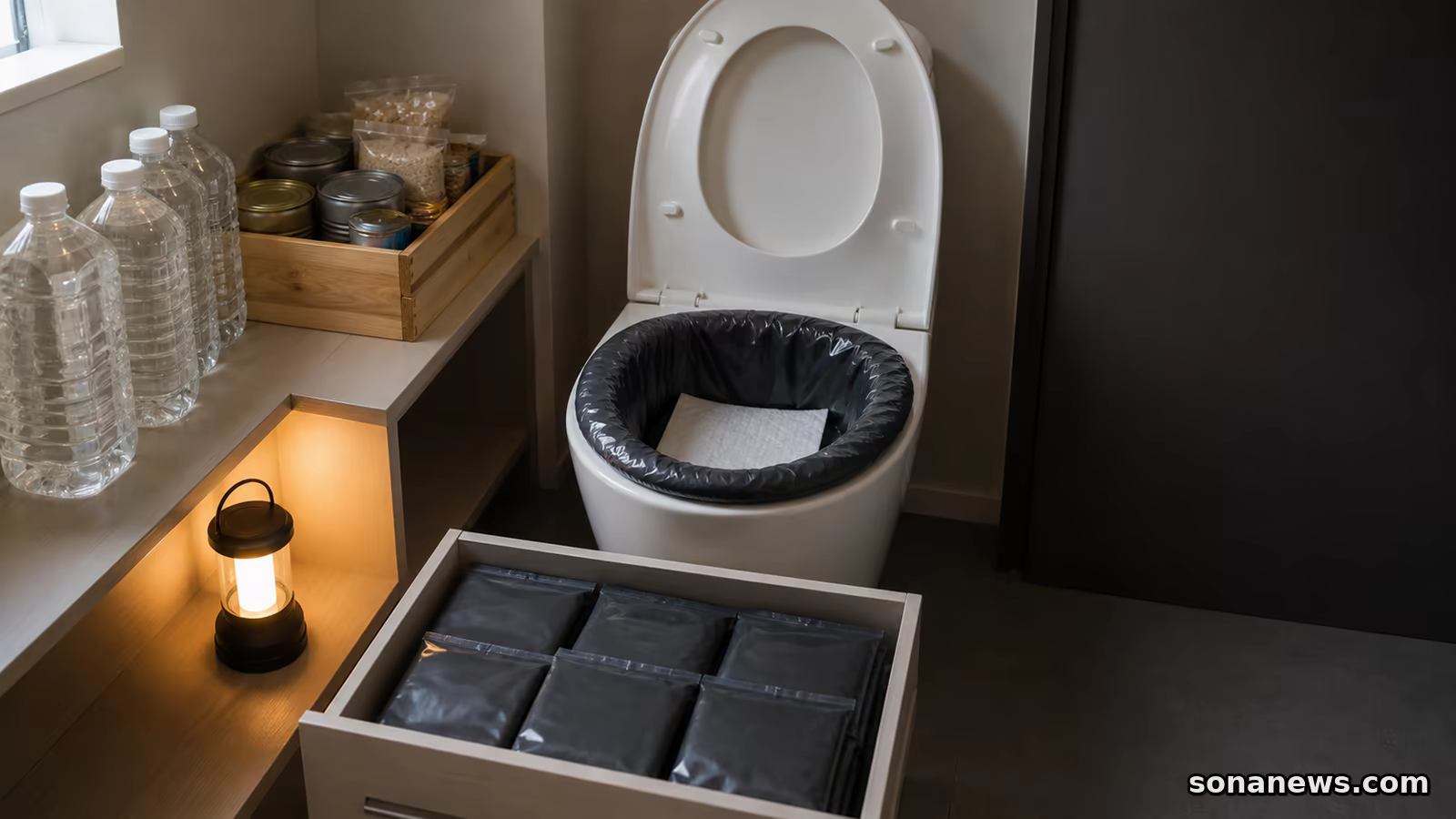 携帯トイレの袋を備えた便器と水・食品を並べた家庭防災の概念写真
