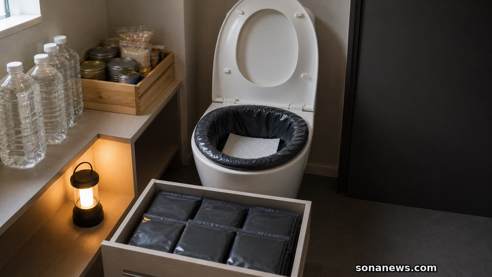 携帯トイレの袋を備えた便器と水・食品を並べた家庭防災の概念写真