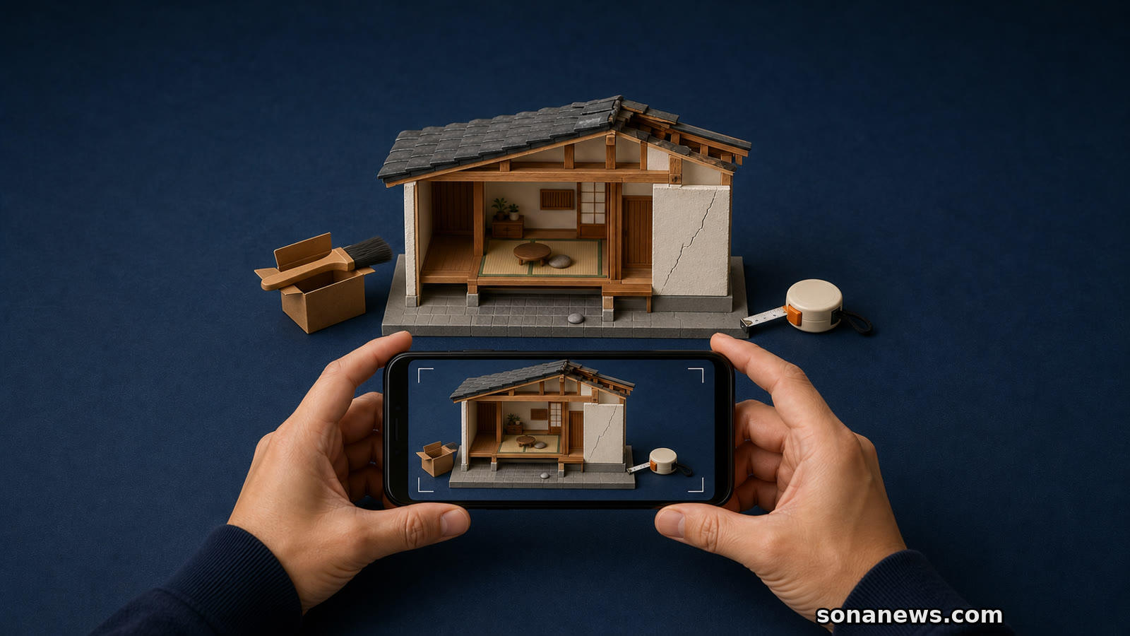 被災住宅の模型を片付け前にスマートフォンで撮影し、ひび割れと尺度を記録する手元