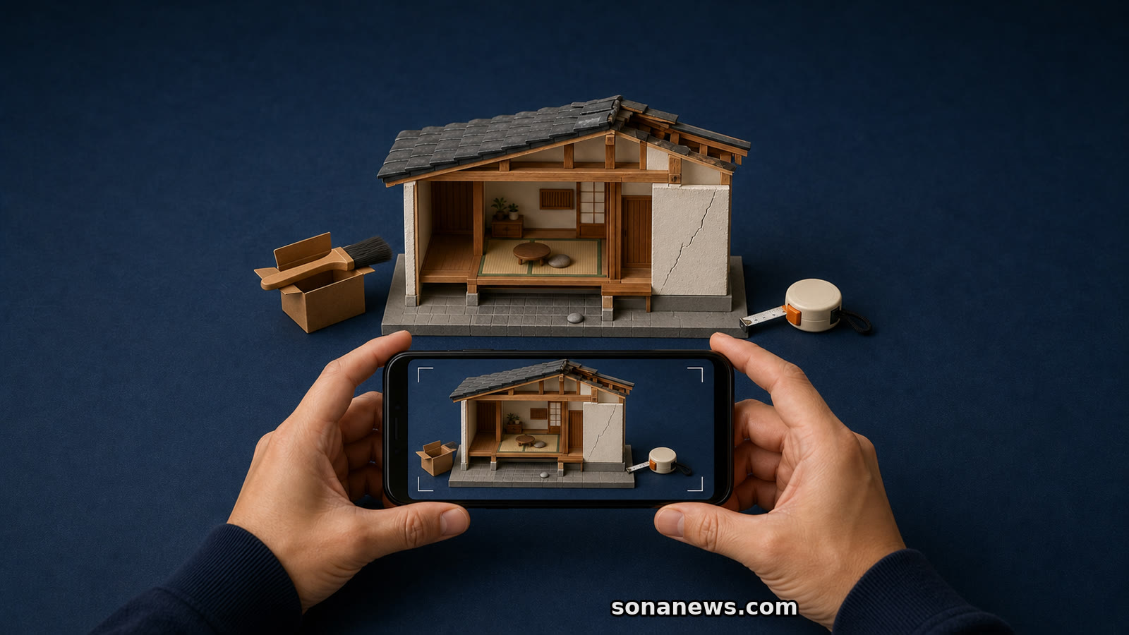 被災住宅の模型を片付け前にスマートフォンで撮影し、ひび割れと尺度を記録する手元