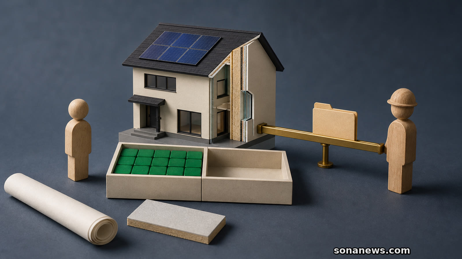 太陽光パネルと断熱層のある住宅模型、半分埋まった予算トレー、申請を渡す施主と施工者の木製人形