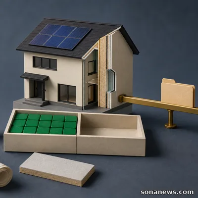 太陽光パネルと断熱層のある住宅模型、半分埋まった予算トレー、申請を渡す施主と施工者の木製人形