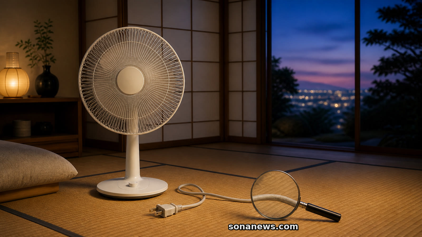 夜の和室で、古い扇風機のプラグと電源コードを虫眼鏡で点検するイメージ