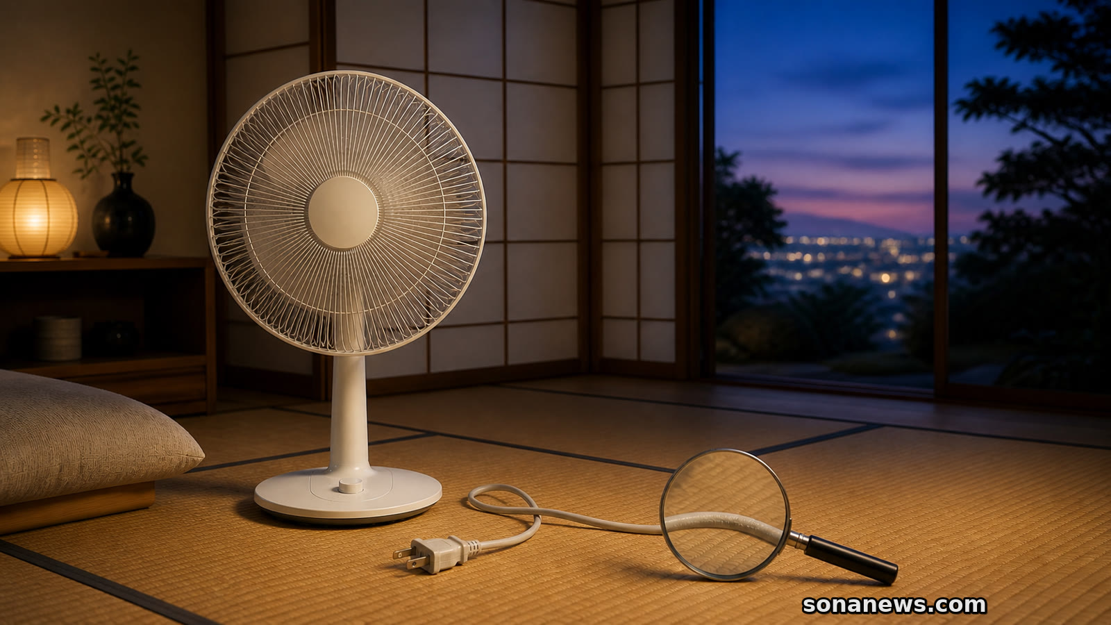 夜の和室で、古い扇風機のプラグと電源コードを虫眼鏡で点検するイメージ