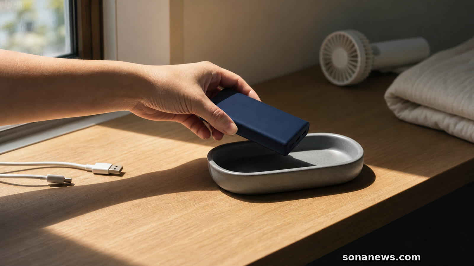 夏の日差しが入る室内で、モバイルバッテリーを布から離れた耐熱トレーへ移す手元