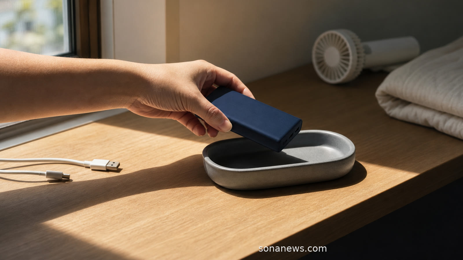 夏の日差しが入る室内で、モバイルバッテリーを布から離れた耐熱トレーへ移す手元