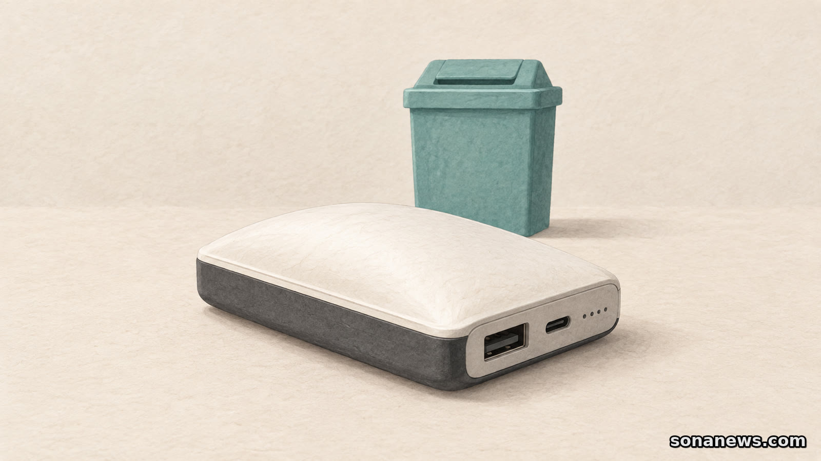 膨らんだモバイルバッテリーの回収確認を表す、白い携帯用電源と、その奥に離して置かれた青緑色の閉じた回収容器