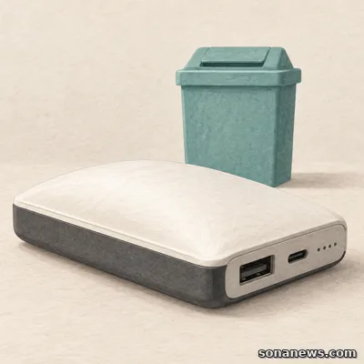 膨らんだモバイルバッテリーの回収確認を表す、白い携帯用電源と、その奥に離して置かれた青緑色の閉じた回収容器