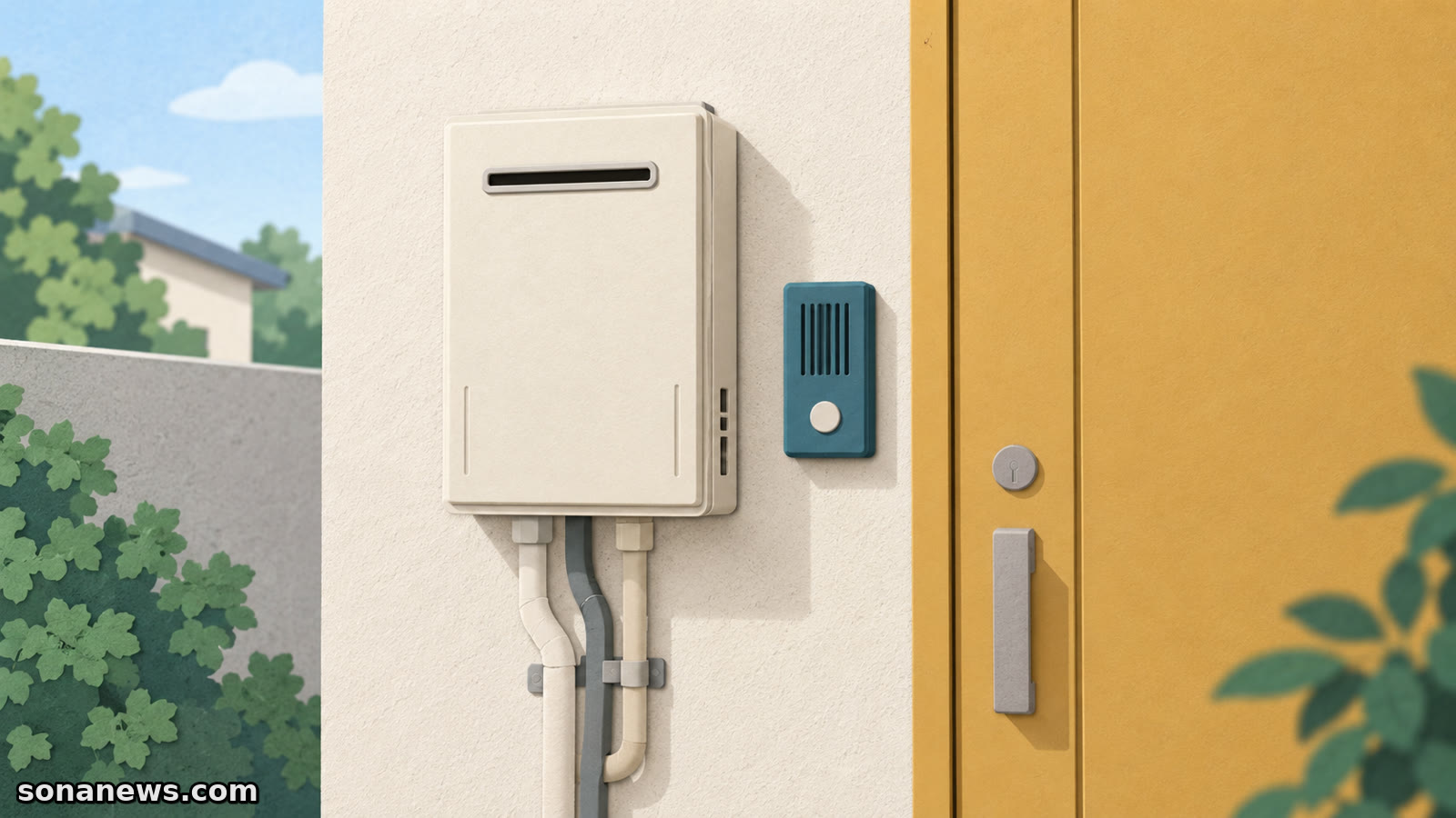 給湯器の点検訪問への対応を表す、閉じた玄関のそばに給湯器とインターホンを配した紙細工風イラスト