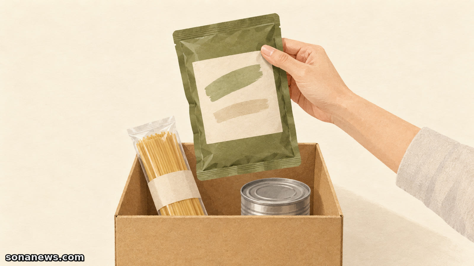 食品寄付用の箱に入った乾麺と缶詰の上で、未開封の緑色の食品パウチを手に取り表示面を確認する様子のイラスト