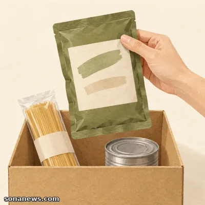 食品寄付用の箱に入った乾麺と缶詰の上で、未開封の緑色の食品パウチを手に取り表示面を確認する様子のイラスト
