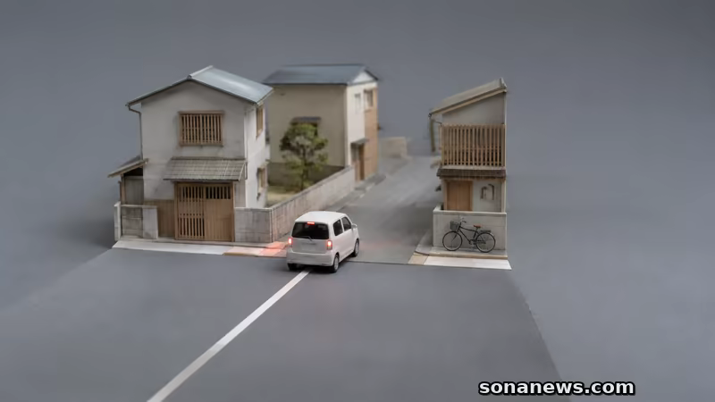中央線のある道から線のない住宅街へ減速して入る白い車の概念模型